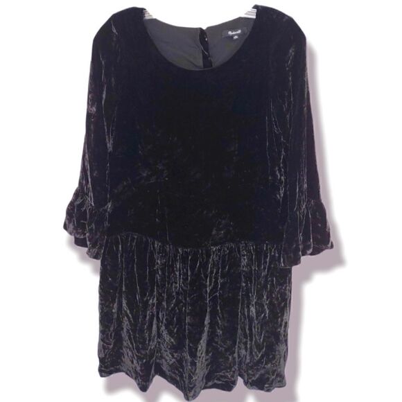 Madewell Black Dress Velvet Long‎ Bell Sleeves Scoop Neck Drop Fit & Flare XS - Picture 1 of 11